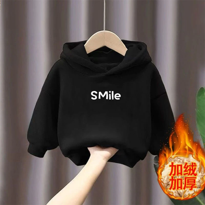 加绒童装连帽卫衣字母印花外套冬季简约休闲保暖上衣女宝童