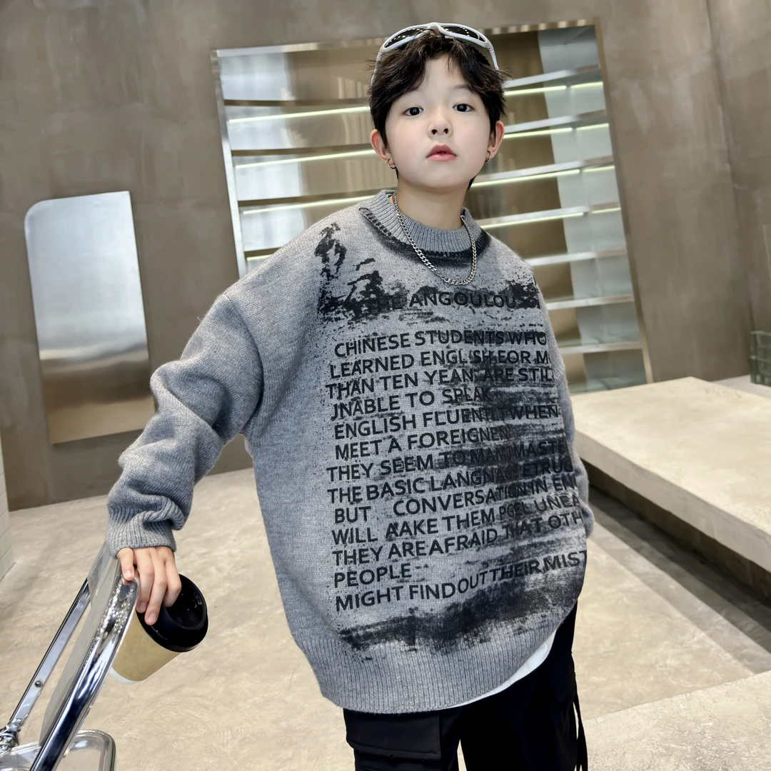 男童毛衣套头针织衫扎染加厚保暖秋冬中大童高品质街舞潮牌洋气