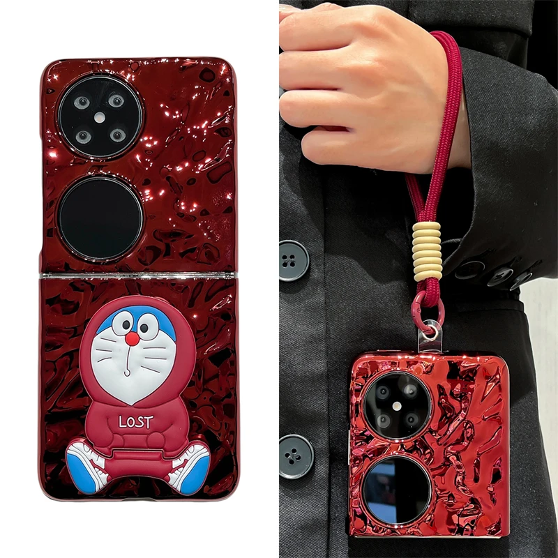 暗红色叮当猫适用华为p50pocket手机壳pockets折叠pocket 2保护套