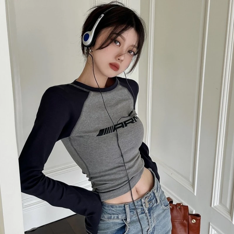 美式复古长袖插肩袖T恤女装秋冬网红紧身内搭修身短款上衣打底衫