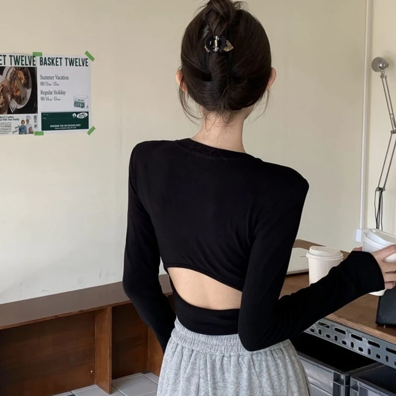 辣妹露背T恤女黑色小个子长袖内搭高腰修身秋百搭设计感显瘦薄款