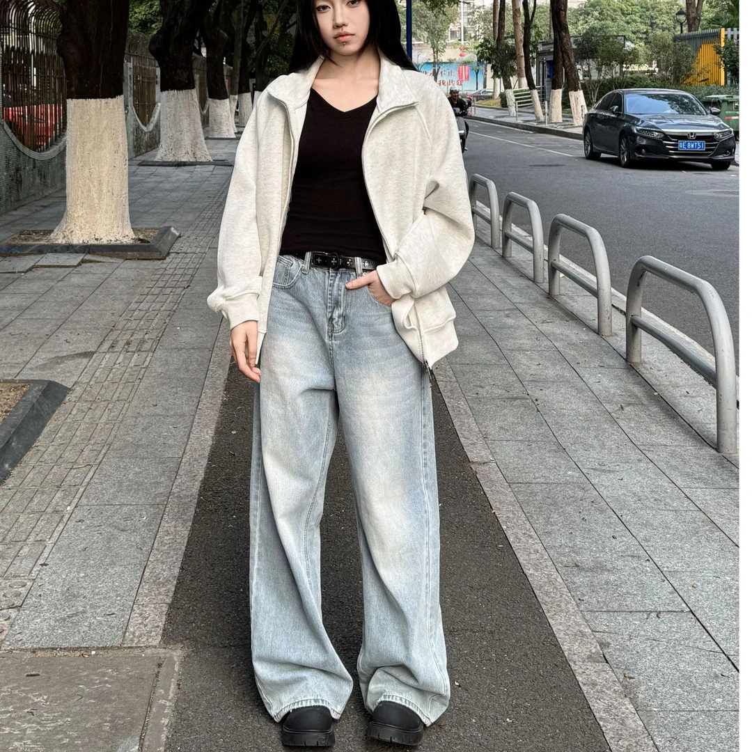 秋冬新款美式高街水洗磨白黑做旧潮牌牛仔裤拖地款宽松直筒长裤