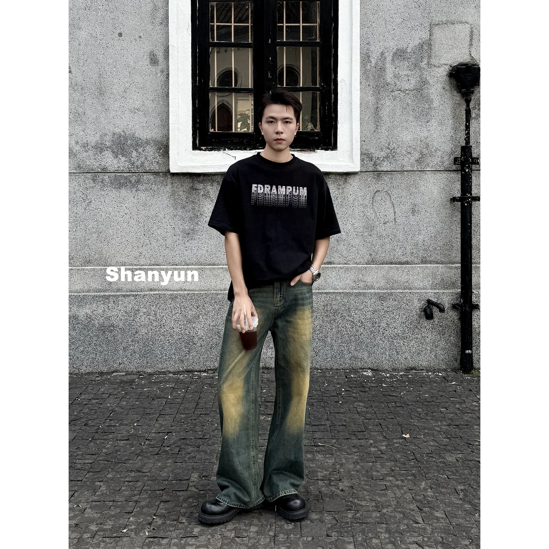 秋冬新款美式高街水洗黄泥染做旧潮牌牛仔裤拖地款宽松直筒长裤