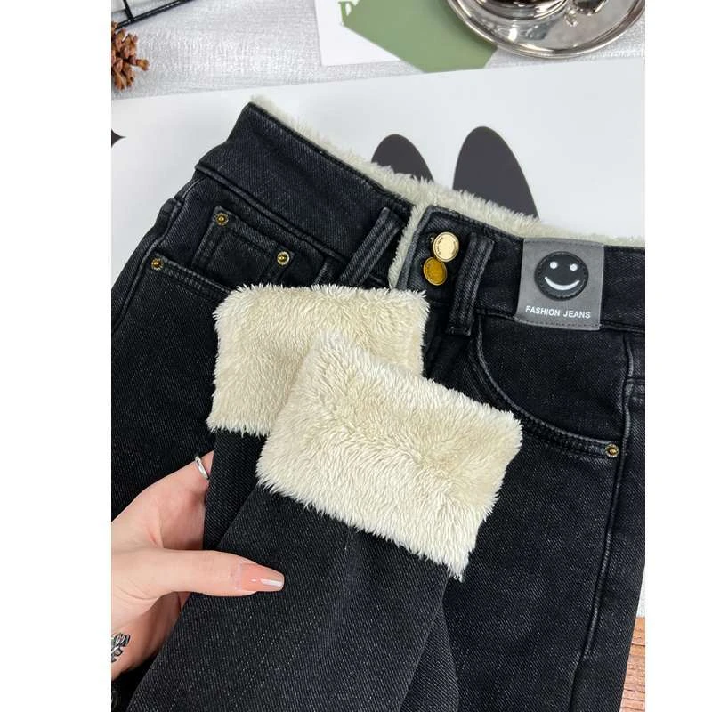 黑色高腰加绒加厚小脚牛仔裤女2023年冬季新款北极绒保暖铅笔裤子