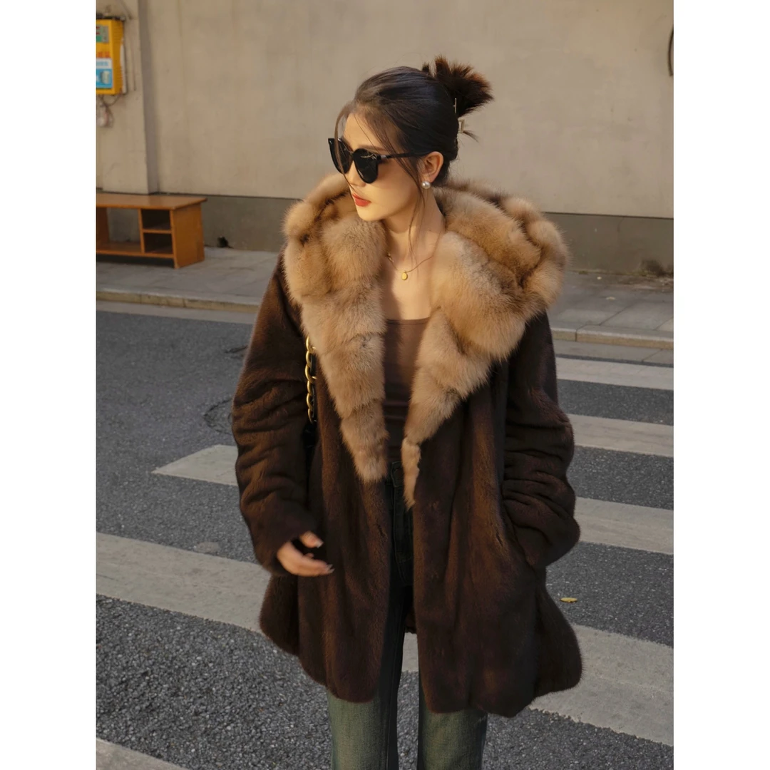 华丽园俄罗斯貂配水貂天鹅绒短二中古色中长大衣海宁水貂连帽