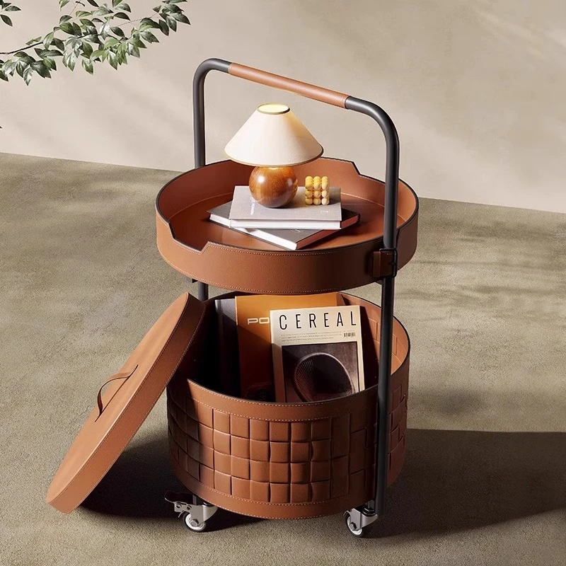 马鞍皮沙发边几角几编制篮可移动小推车储物意式极简创意客厅茶几