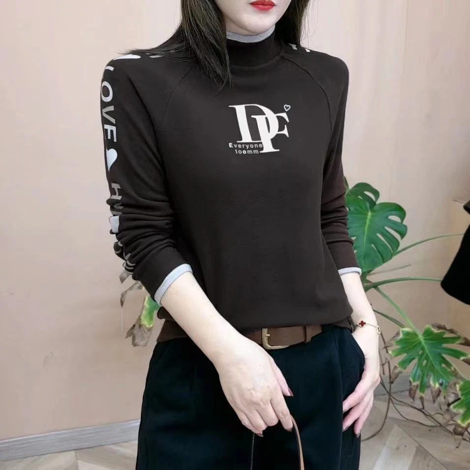 2023秋冬新款爆款加绒保暖女士打底衫半高领微胖洋气大码女装T恤