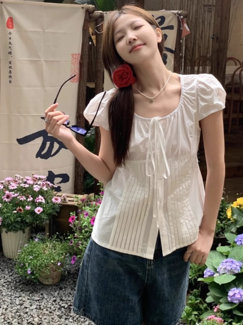 大码女装胖MM法式泡泡袖白色设计感衬衫夏季宽松显瘦遮肉开衫上衣