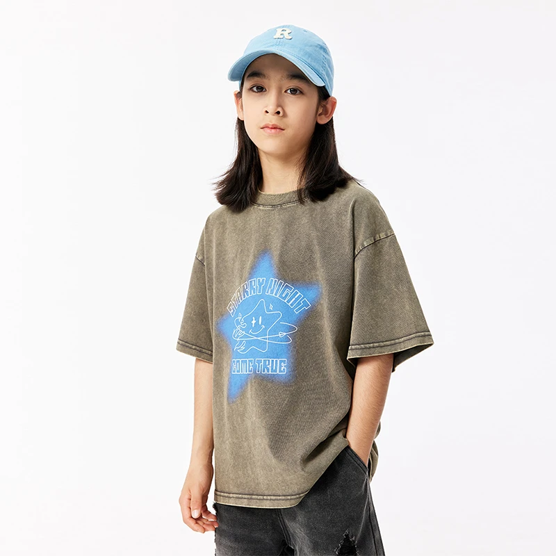 DK2024夏季新款高街做旧洗水女男童短袖T恤中大童儿童宽松上衣潮