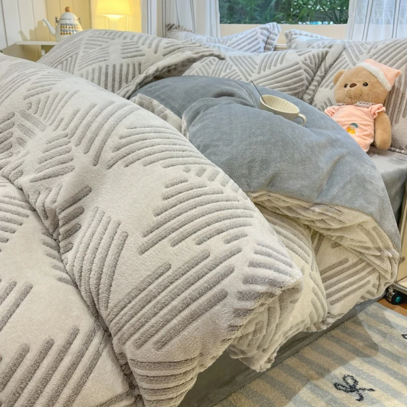 双面雪花牛奶绒床上四件套秋冬季加绒被罩珊瑚绒被套法兰绒床单三