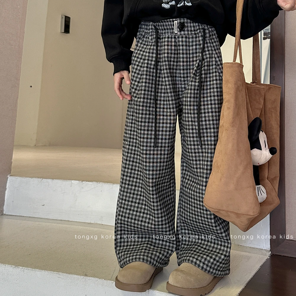 【墨萃】慵懒风复古格子小碎格休闲阔腿裤直筒裤长裤kt051