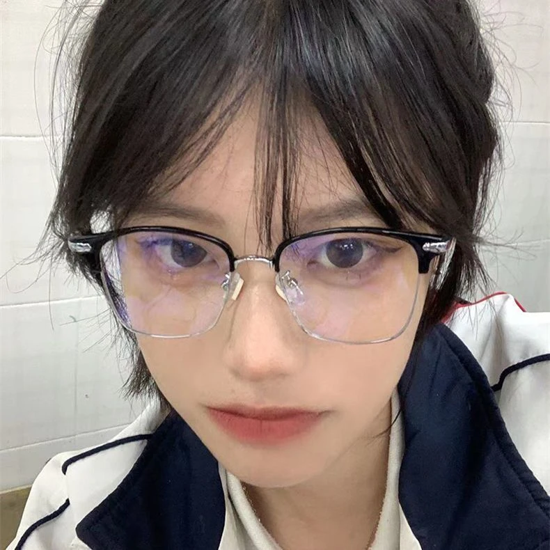 防蓝光半框眼镜女斯文复古理工男眼镜平光镜可配有度数近视眼镜框