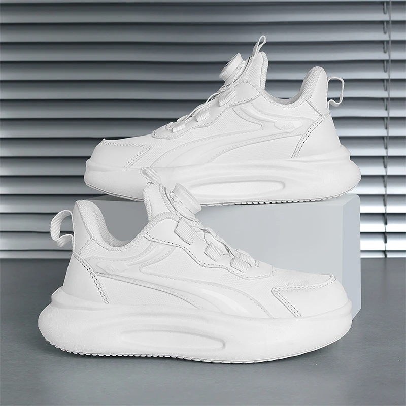 乔丹流行儿童白色运动鞋男童校园小白鞋皮面防水旋转钮扣白鞋中大