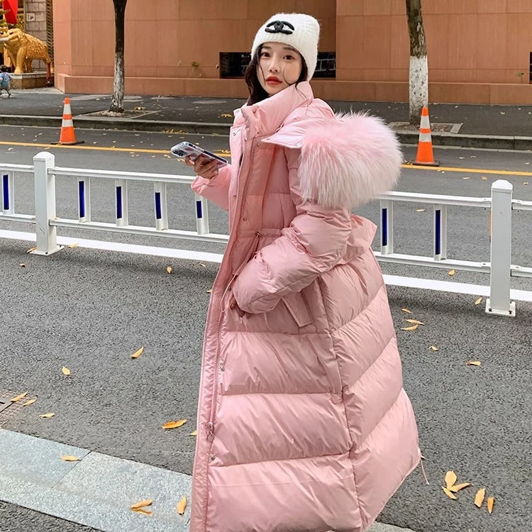 粉色羽绒服女长款过膝连帽可拆卸大毛领爆款2023冬季新款收腰外套