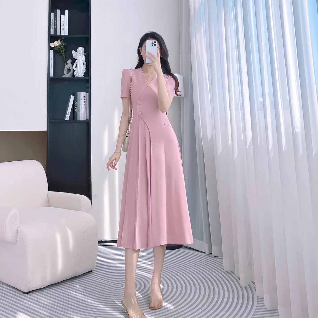 拉夏贝尔/2024夏季清凉新时尚轻奢赫本风收腰短袖连衣裙 1623 LSC