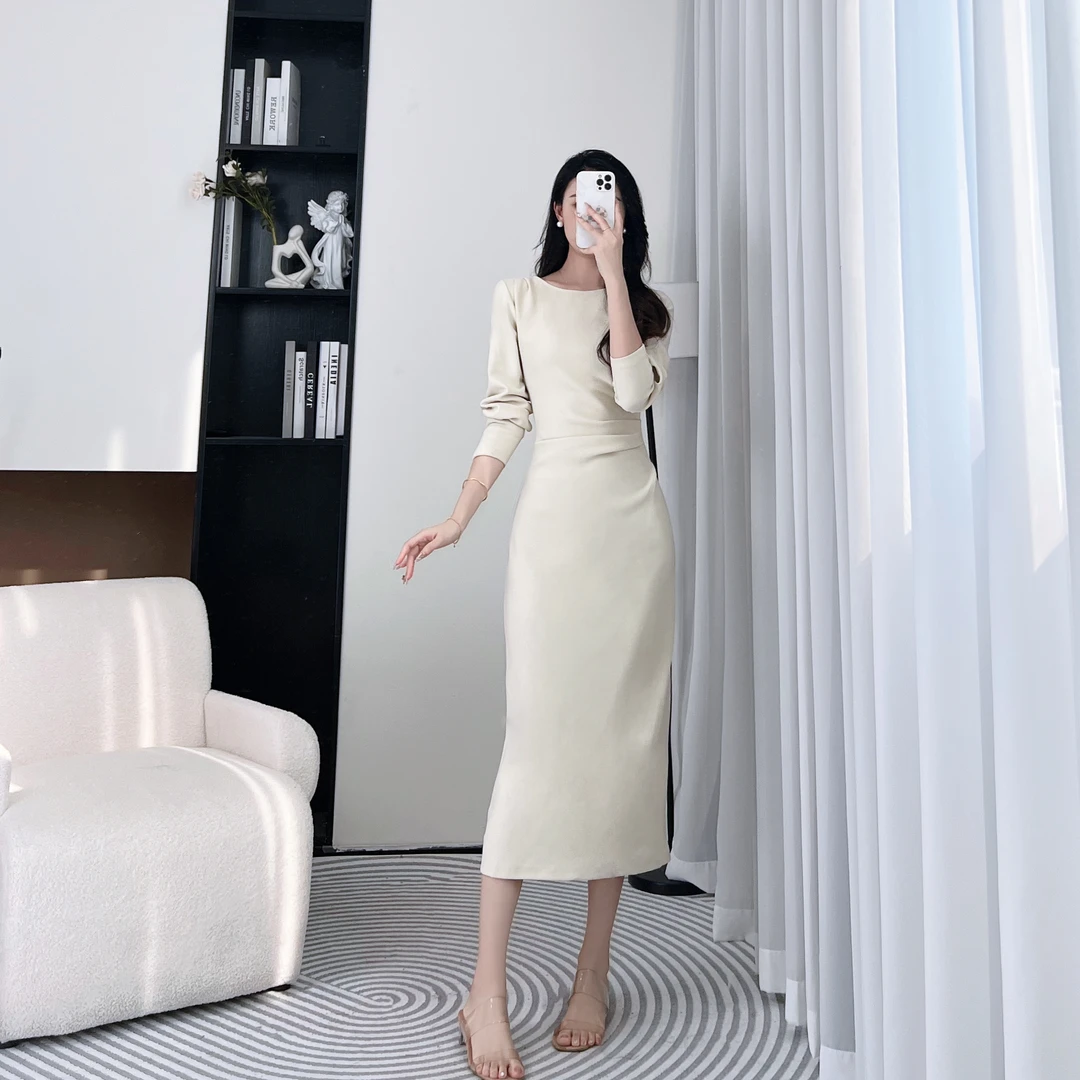 拉夏贝尔/25现货秋新复古极简风雅致优雅长袖连衣裙 10041 LHD