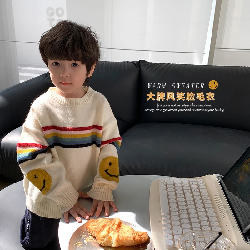 儿童毛衣男童冬季新款彩虹条笑脸针织衫中大童洋气圆领秋冬打底衫