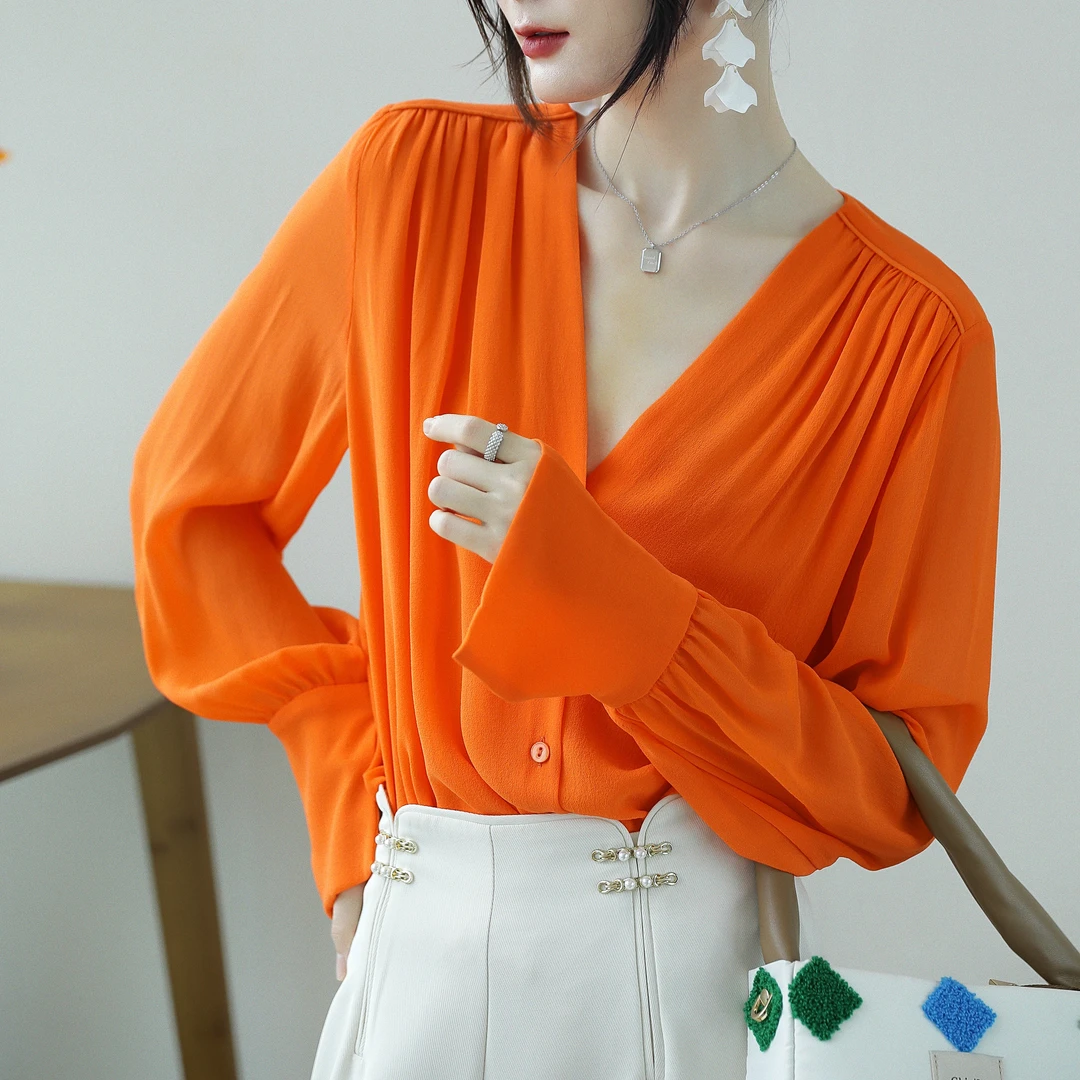 【亿棋匠心】2025秋季新款原创设计V领双层重绉桑蚕丝衬衫长袖【308】