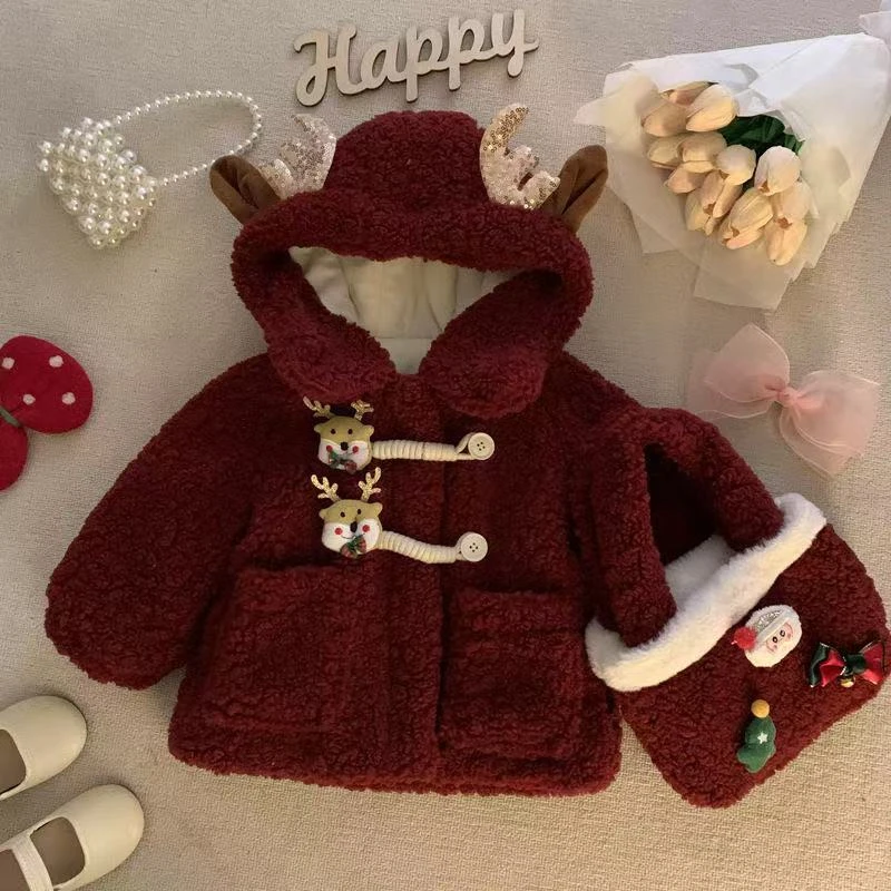 女童安格拉红色圣诞款毛毛衣2024新款中小童女童棉服喜庆可爱款