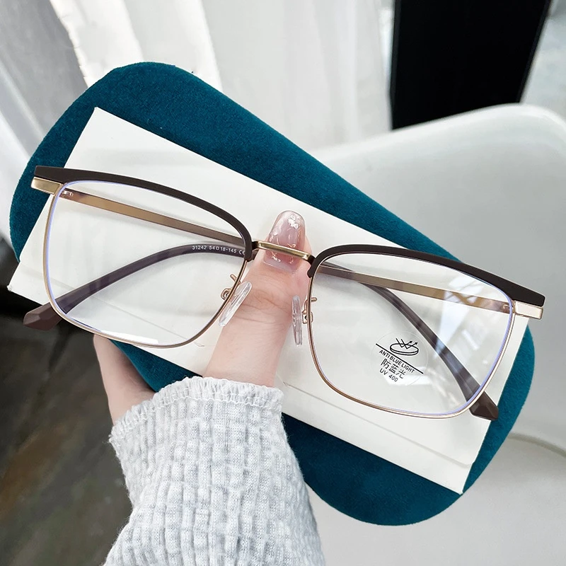 茶色素颜金丝半框眼镜女近视可配度数复古防蓝光斯文眼镜框镜架男