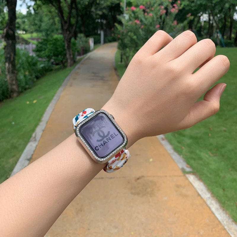适用苹果手表apple iwatch 9/8/73456SE发圈印花松紧弹力大肠表带