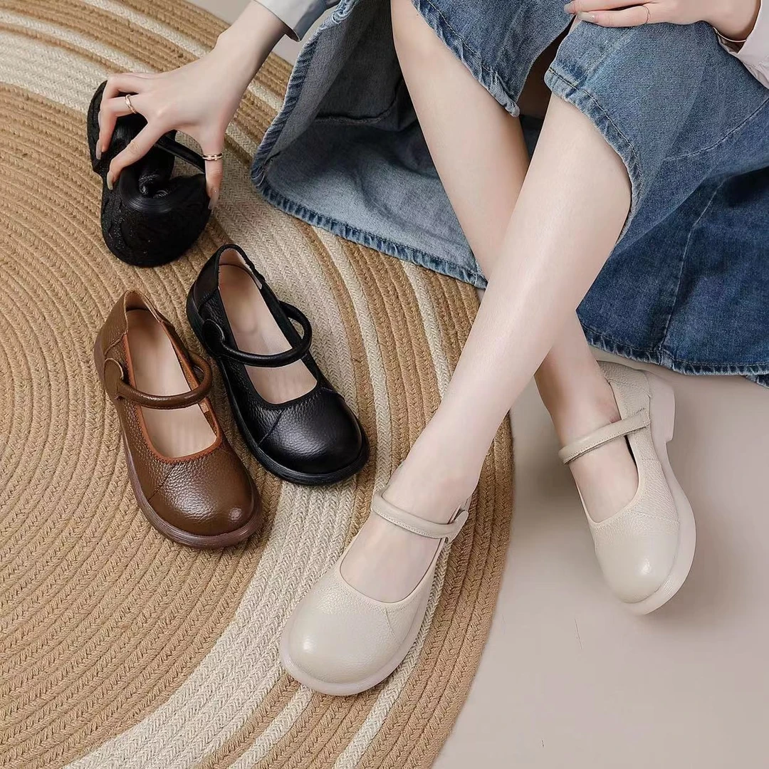 【胡子叔新款】头层牛皮春秋单鞋百搭真皮软底时尚休闲春季女鞋