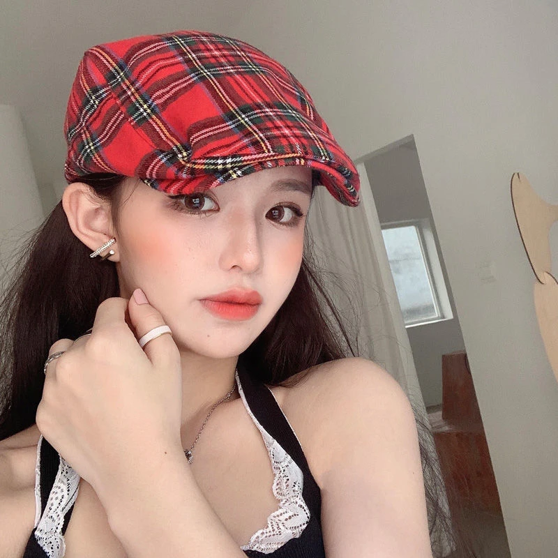 红色格子帽子女夏季贝雷帽2023新款鸭舌帽网红英伦复古前进帽女款
