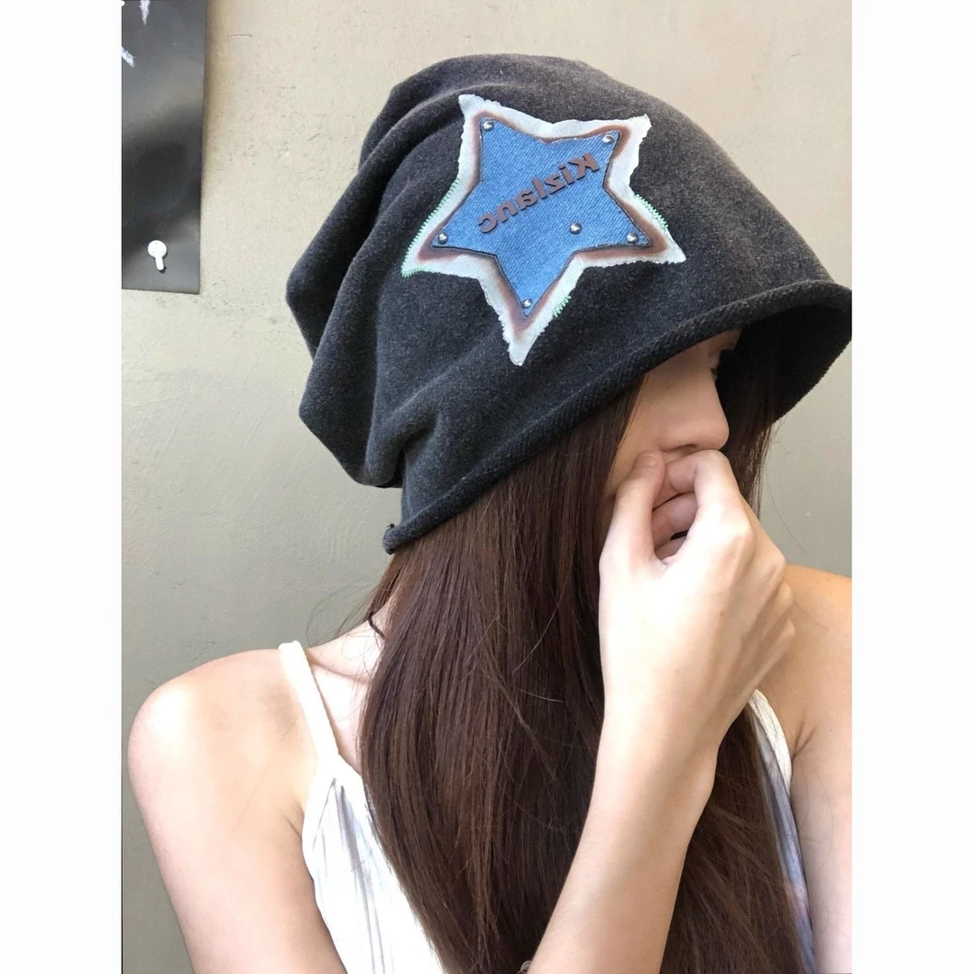 美式复古做旧星星堆堆帽子女薄款甜酷冷帽包头帽y2k包头帽月子帽