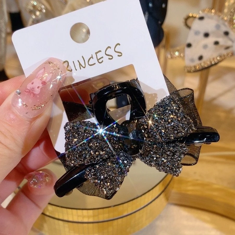 网红轻奢满钻抓夹中号满钻气质AB面可爱蝴蝶结侧边刘海夹韩版发夹