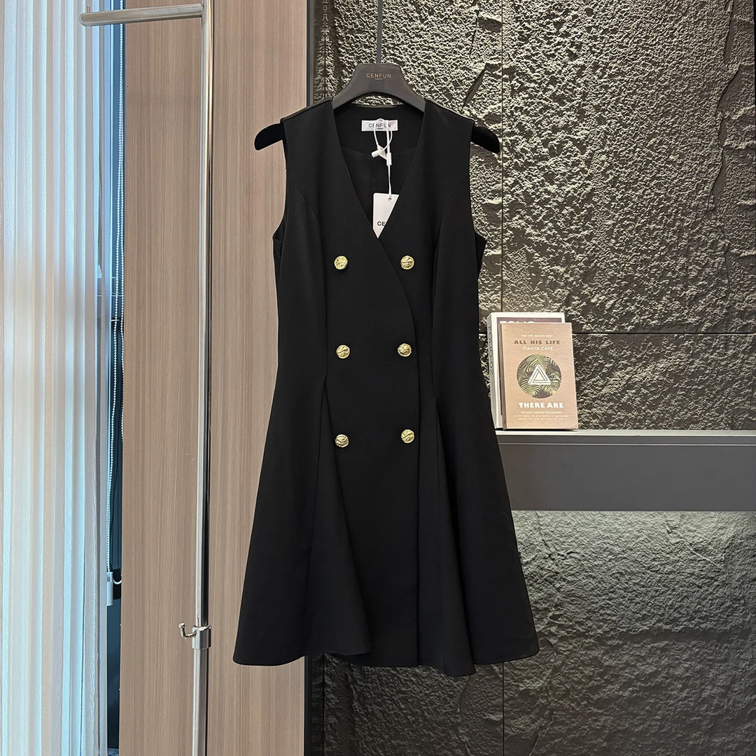 【CENFUN】* 黑色轻奢无袖金标连衣裙E001165