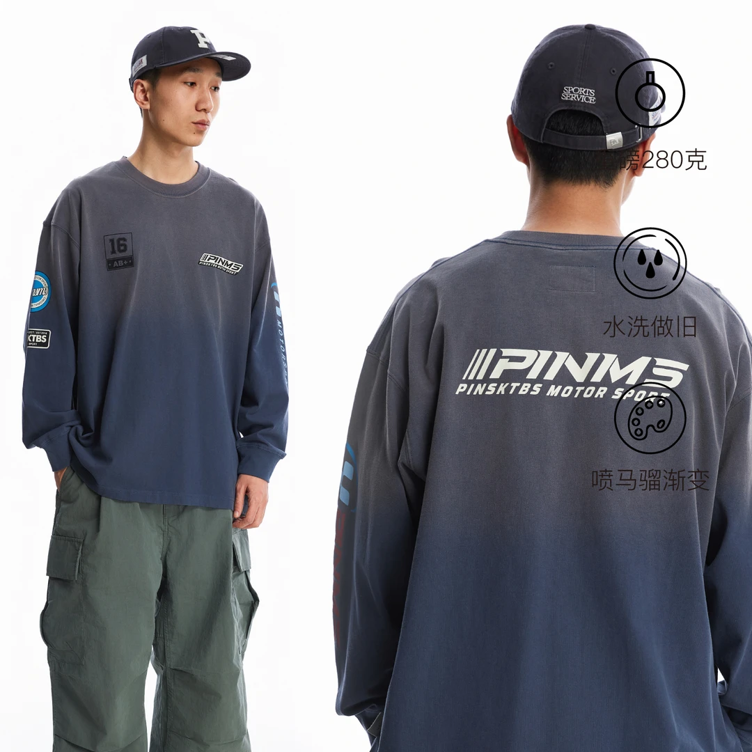 PINSKTBS 24AW日系休闲宽松舒适户外渐变印花水洗赛车长袖T恤男