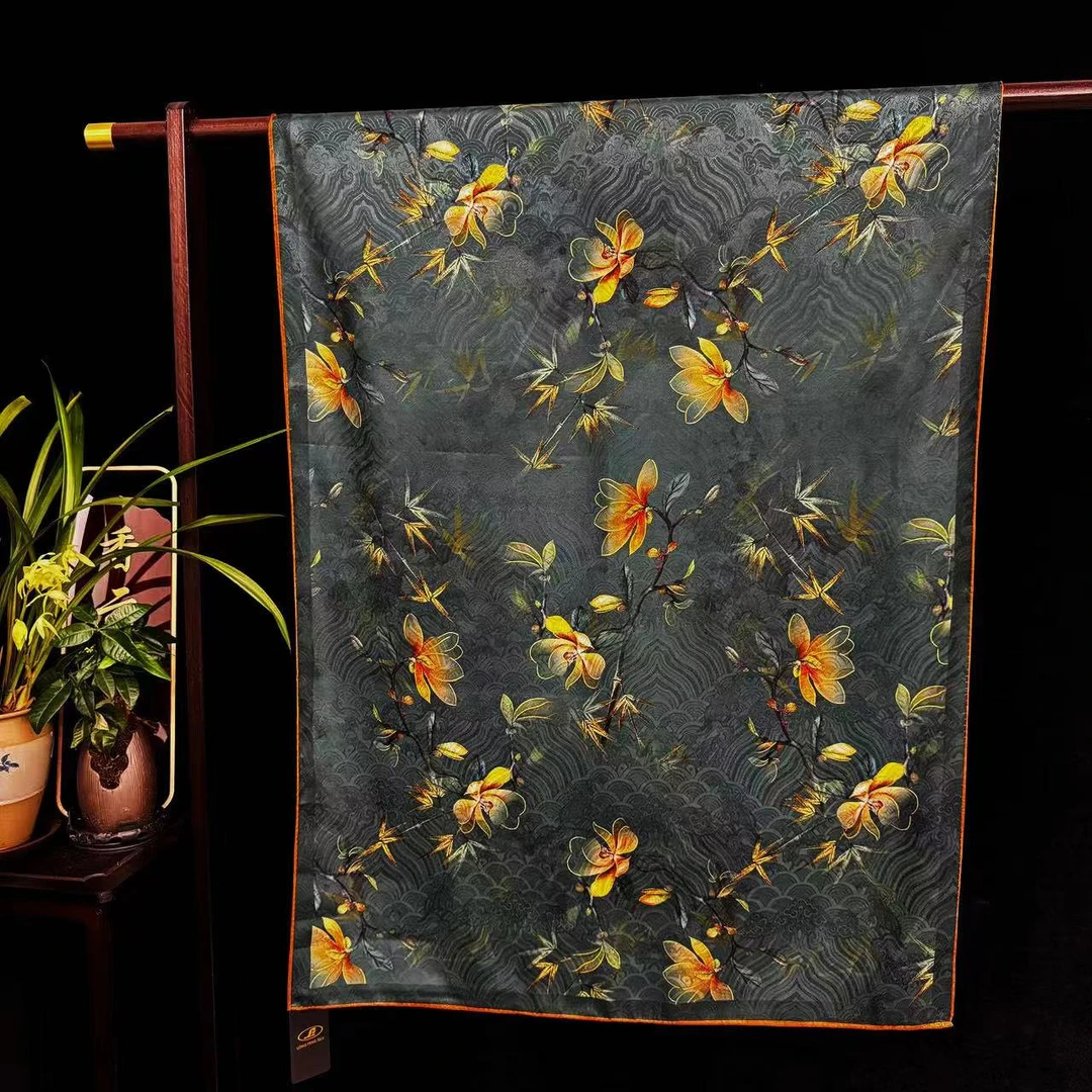 【玉兰蝶花】龙鳞纹香云纱新中式国风披肩丝巾70*180（A-479）