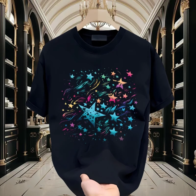 仓石一树美式潮流短袖t恤男女款2024夏季星星印花宽松短袖情侣装