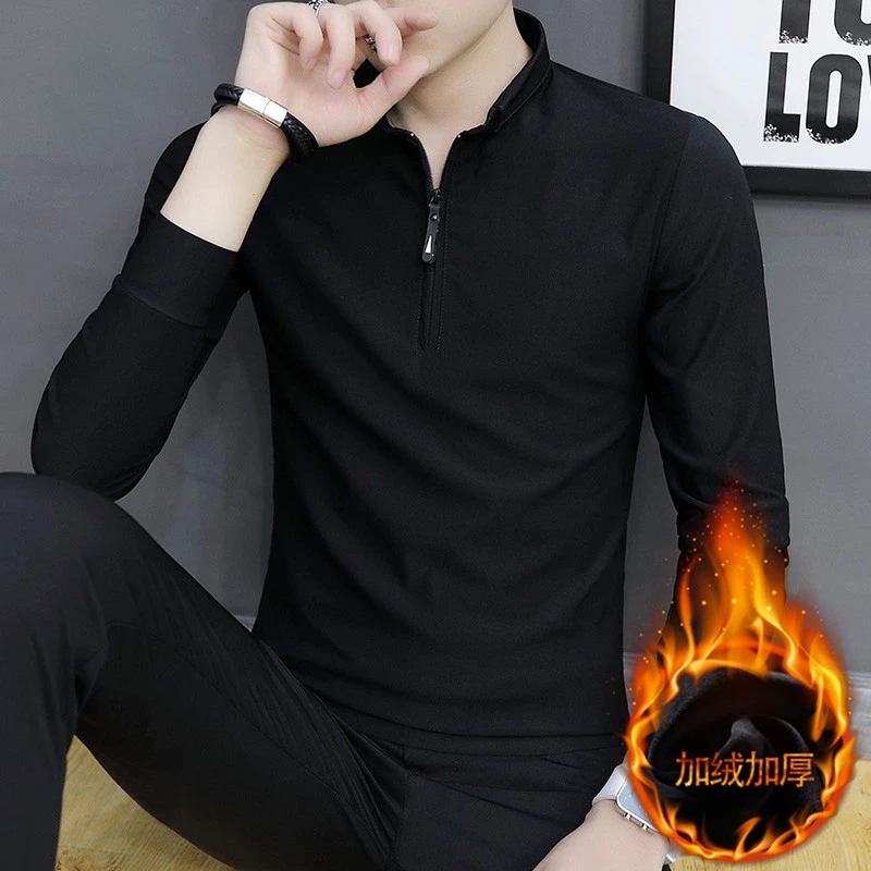 秋冬立领长袖t恤男士纯棉加绒l加厚打底polo衫中年保暖上衣潮流