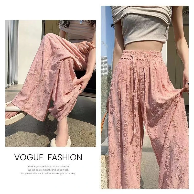 夏季新款时尚破洞烫钻宽松阔腿裤高腰潮流长裤时髦松紧腰垂感裤女