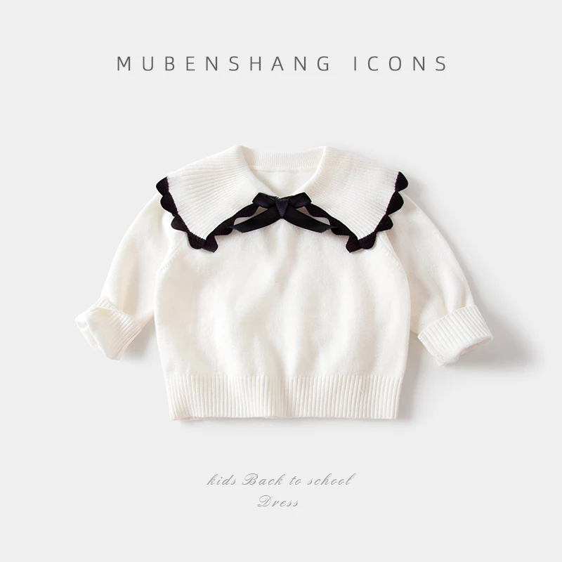 木本尚女童秋装时尚毛衣上衣新款大翻领甜美女孩衣服宝宝春秋白色