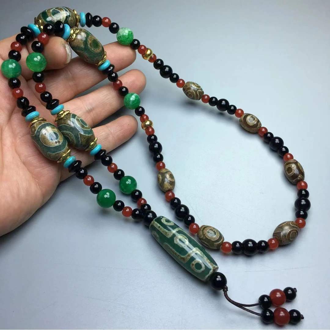 原创时尚复古西藏绿三九眼珠吊坠藏式民族风竹节长款项链貔貅百搭