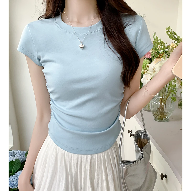 欧才慕正肩圆领修身短袖t恤女夏季新款褶皱收腰显瘦辣妹上衣服ins