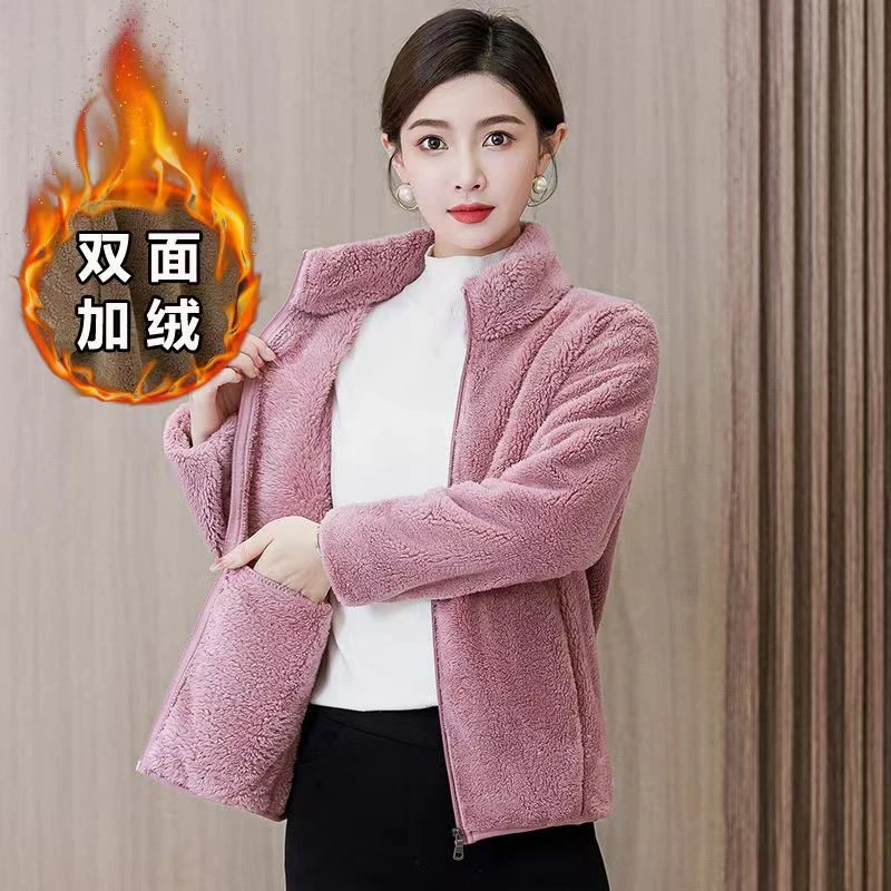 珊瑚绒短款上衣秋冬新款毛毛外套加绒保暖双面绒女士开衫抓绒卫衣