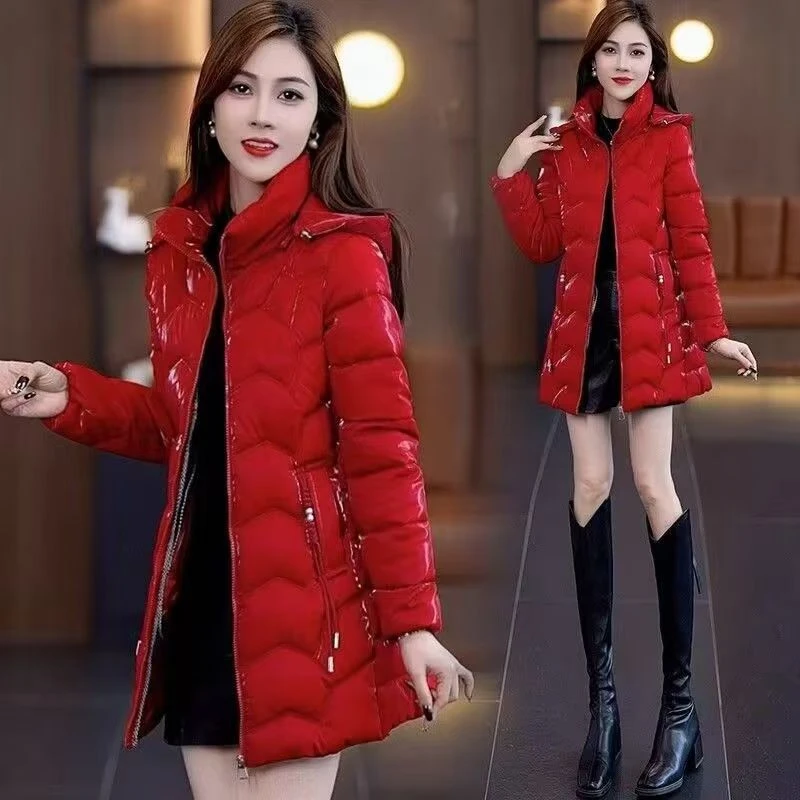 珠光亮面棉服女中长款2024冬季加厚保暖棉袄修身显瘦妈妈免洗棉衣