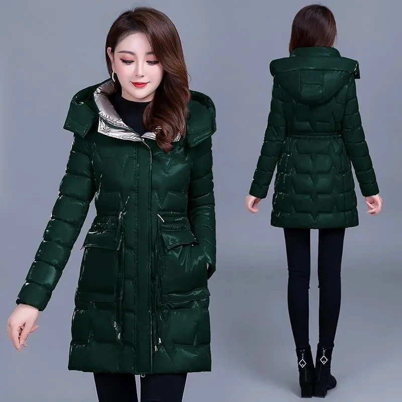 珠光亮面免洗棉服女中长款炫彩棉衣收腰显瘦棉袄冬季加厚保暖外套