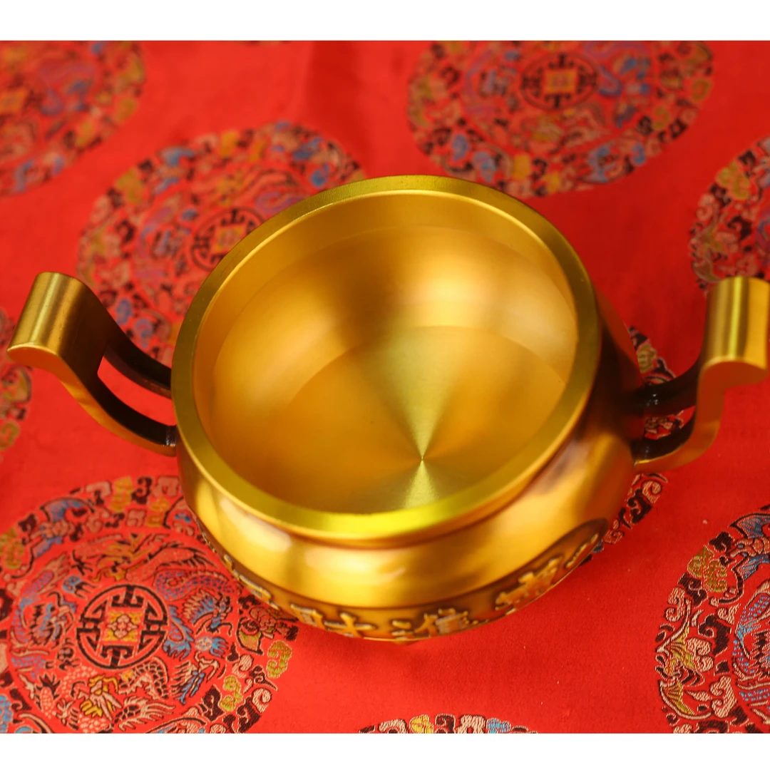 黄铜弯耳三足炉子家用工艺品摆件三足中式铜炉