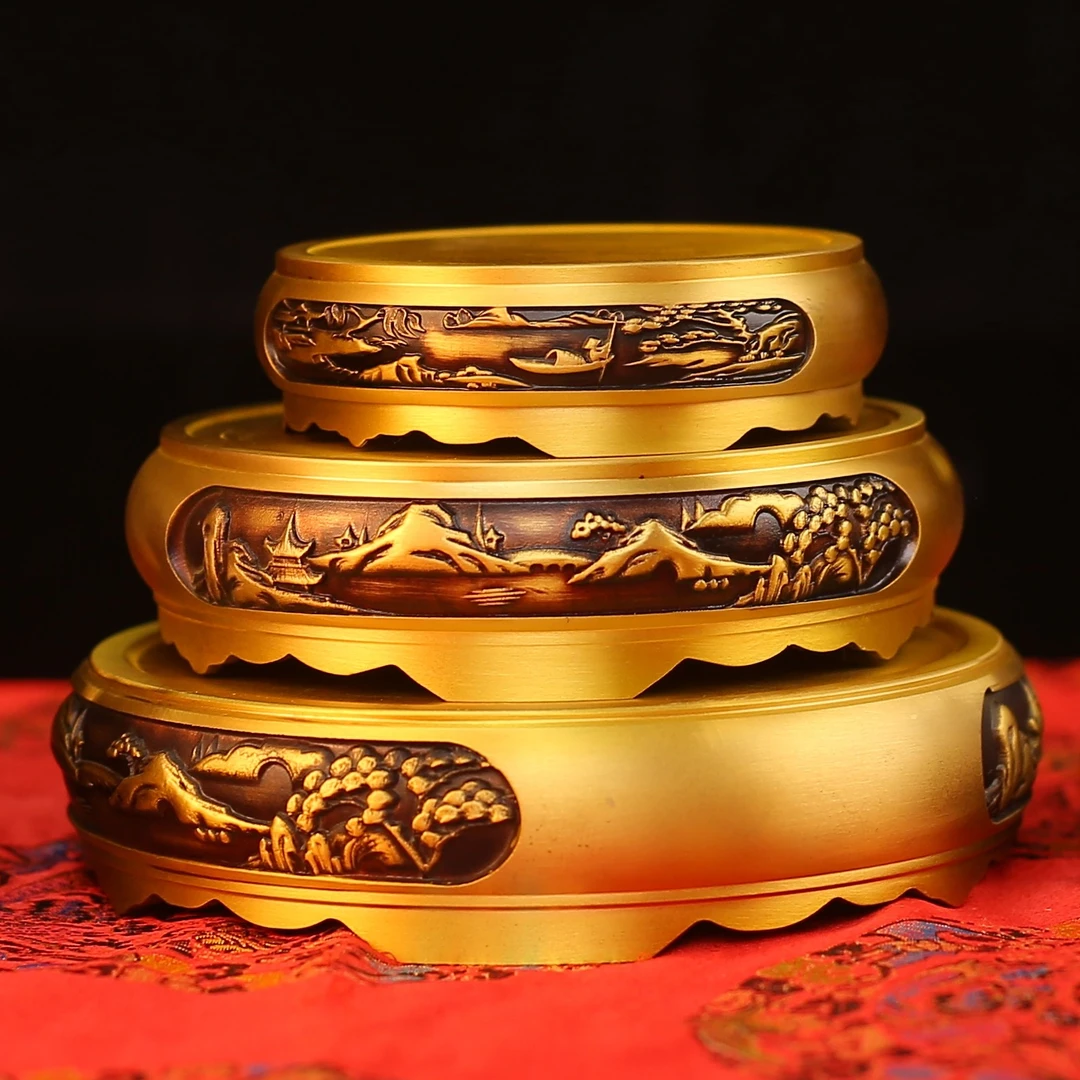 黄铜山水底座大中小直径9.5cm直径13cm直径15cm工艺品雕刻摆件