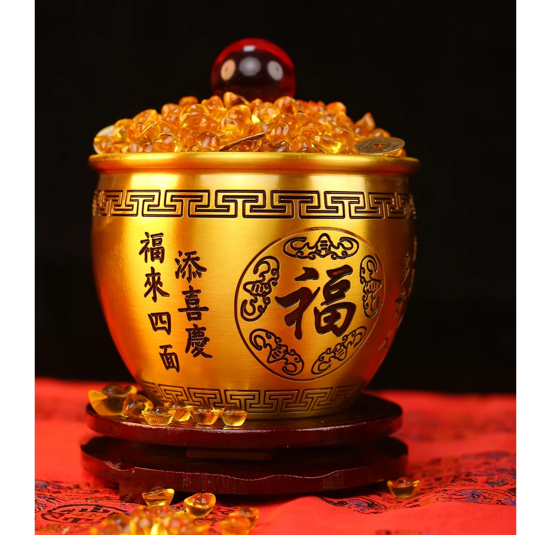 黄铜对联缸家居摆件高档聚米缸客厅家居个性刻字工艺品摆件