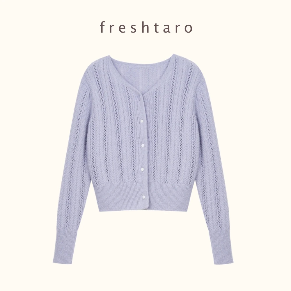 freshtaro蓝紫/米白 马海毛镂空针织开衫女早春短款显瘦长袖外套