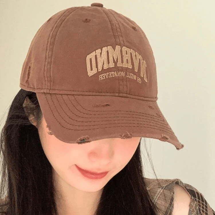 春夏透气破洞软顶NVRMND棒球帽子女时尚百搭休闲磨破做旧鸭舌帽