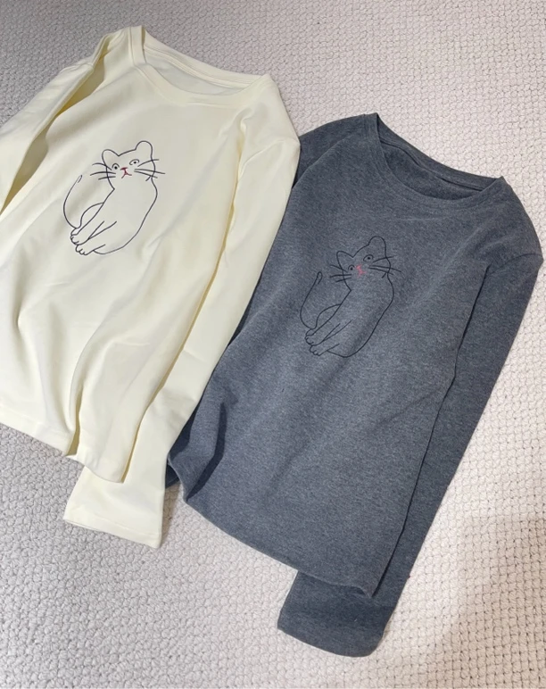 冬 16 韩系刺绣猫咪圆领磨毛长袖T