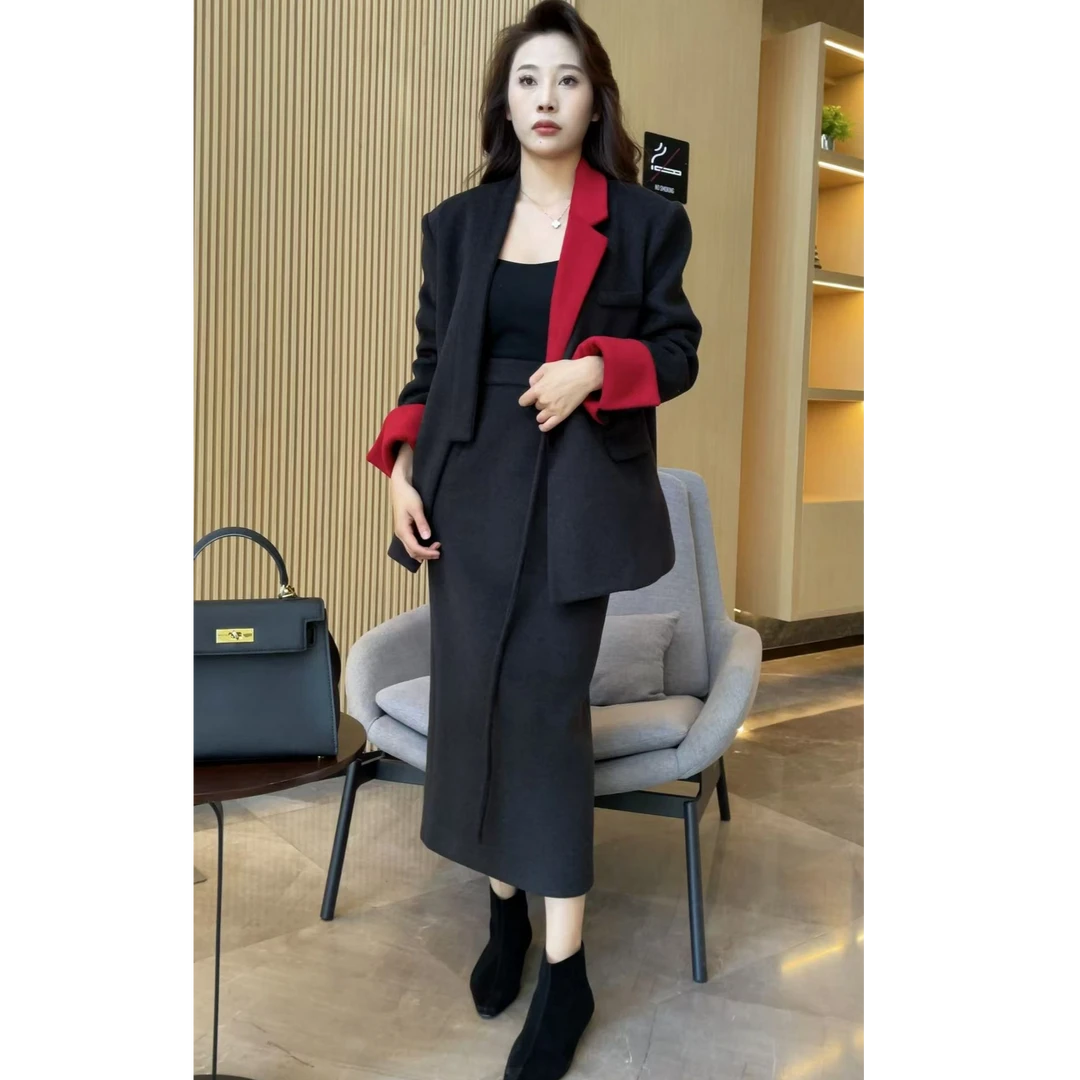 【梦婷家】设计感撞色高级感外套2024新款韩版百搭显瘦套裙-24907