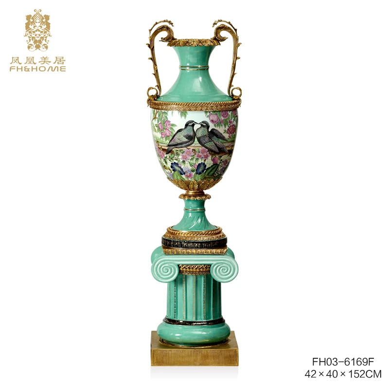 FH&HOME/凤凰美居欧式蓝色配铜装饰陶瓷落地花瓶高端家居装饰尾款