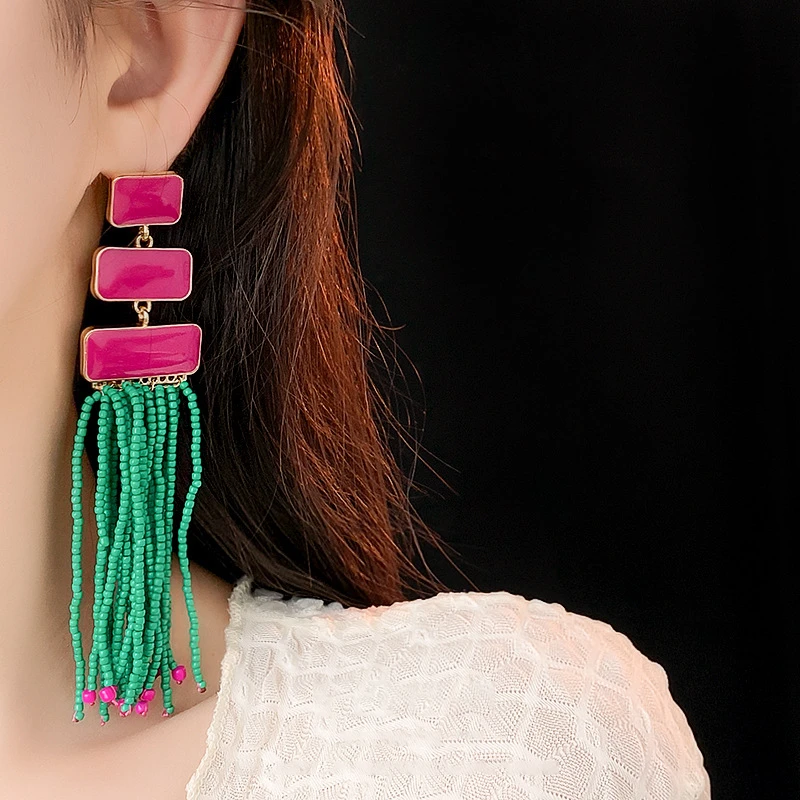 铜合金耳饰 【319】时尚气质米珠长款流苏耳环欧美复古夸张重工耳坠